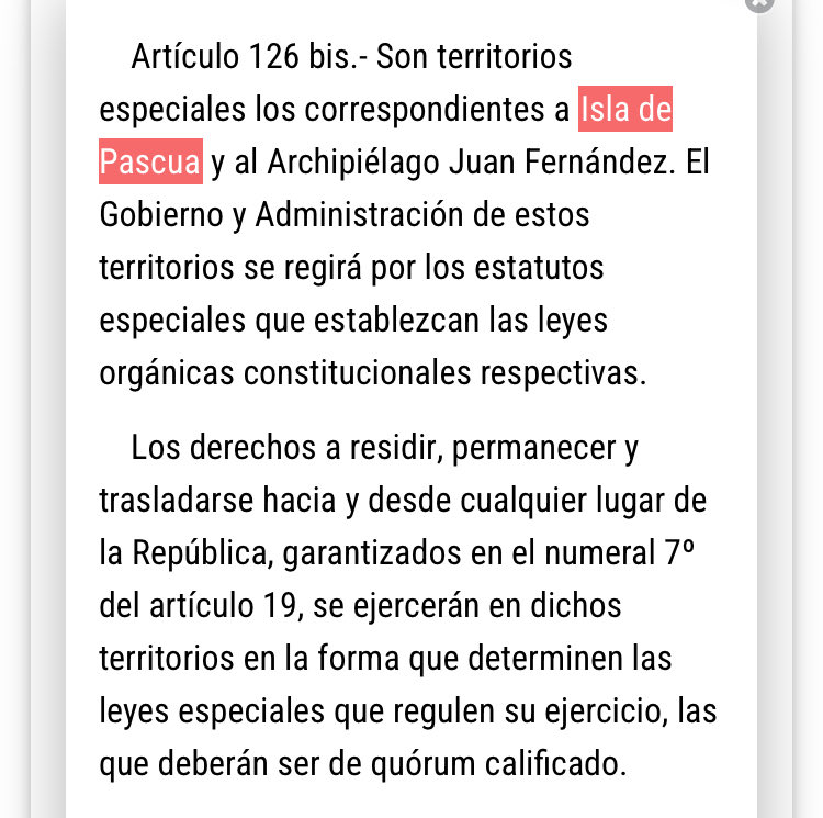 jgalemparte's tweet image. Rapa Nui es territorio especial según la Constitución (artículo 126 bis). La libre determinación, salvo que nos queramos hacer los locos que pide la embajadora es la externa. La interna ya en parte existe. Además profundizar la interna es algo que el país rechazó en 2022.