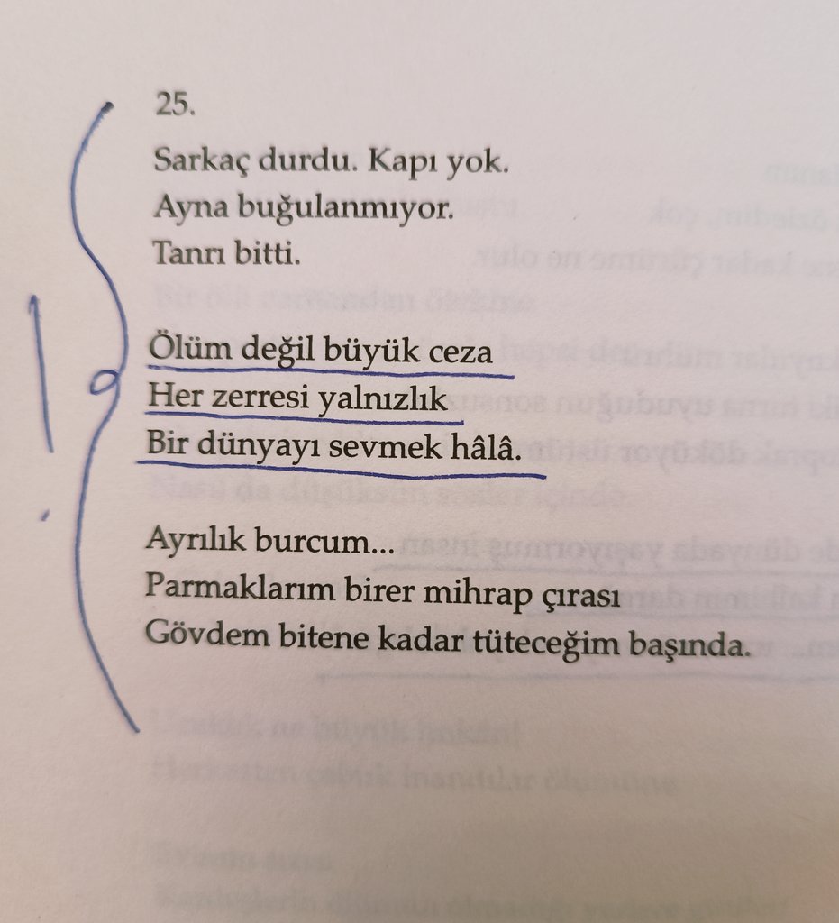 " Ölüm değil büyük ceza
   Her zerresi yalnızlık 
   Bir dünyayı sevmek hâlâ."

• Şükrü Erbaş 🌿