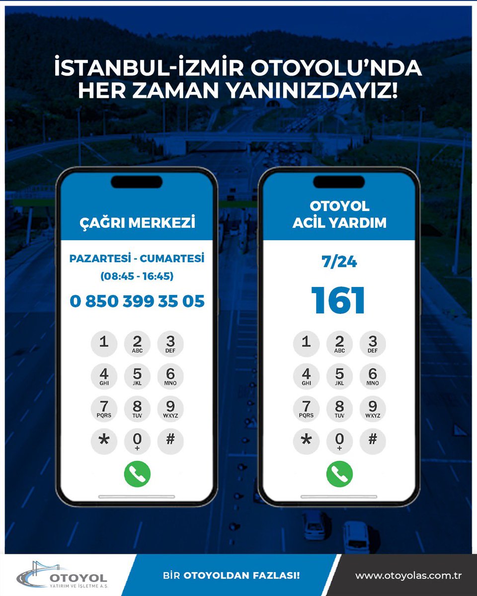 İstanbul–İzmir Otoyolu’nda seyahat ederken herhangi bir acil durumla karşılaştığınızda ya da bilgi almak istediğinizde bize ulaşmak çok kolay.

🚨 161 Otoyol Acil Yardım Hattı — 7/24 hizmetinizde

otoyolas.com.tr 

#İstanbulİzmirOtoyolu #birotoyoldanfazlası