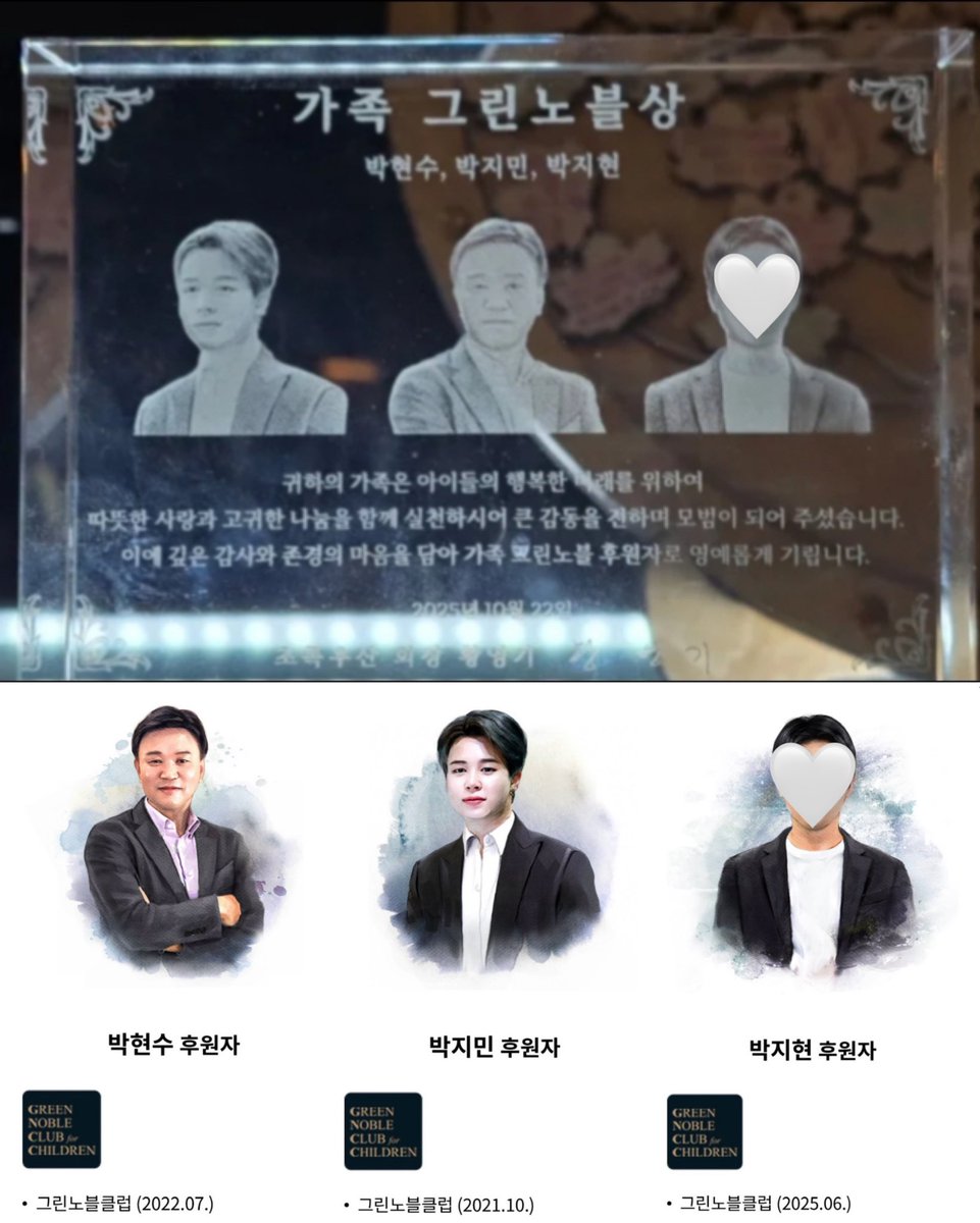 TheePopCore's tweet image. Jimin’s family has been honored as a model donor family for children’s welfare.

ChildFund Korea awarded Jimin, his father Park Hyun-soo, and his brother Park Ji-hyun a commemorative plaque, recognizing them as the first three-generation family inducted into the Green Noble Club…