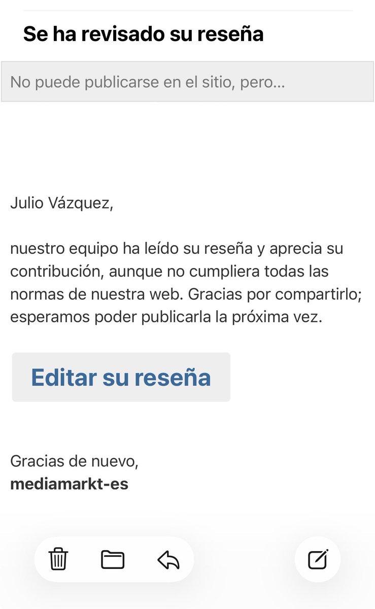 juliocho88's tweet photo. @MediaMarkt_es Muy buen MEDIAMARKT, seguid así que os estáis cubriendo de gloria. O sea que decidís ahora no publicar una reseña porque es negativa. Bravo!!! https://t.co/m7g0U5dukq