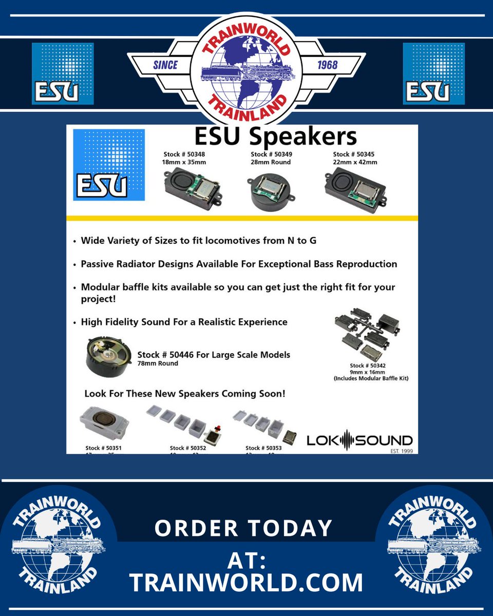 Trainworld's tweet image. Listen up, ESU has the speakers you need to hear those sounds crisp and clear! 🔊

Order today at TrainWorld.com! trainworld.com/shop-by-brand/…

#ESU #dcc #sound #speakers #supplies #instock #trainworld #trainland #modeltrains #trains #modeltrain #modeltrainlayout