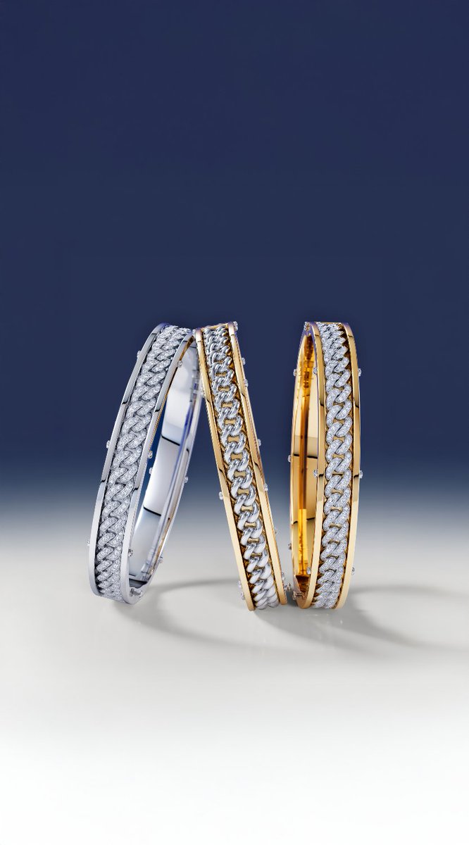KENSINGTON Cuban Link Bangle Gold Bracelets from Rockford Collection. Boldly engineered for those who appreciate striking, unique jewelry pieces. Each link is set with round brilliant-cut diamonds, creating a captivating sparkle that embodies both strength and sophistication.
