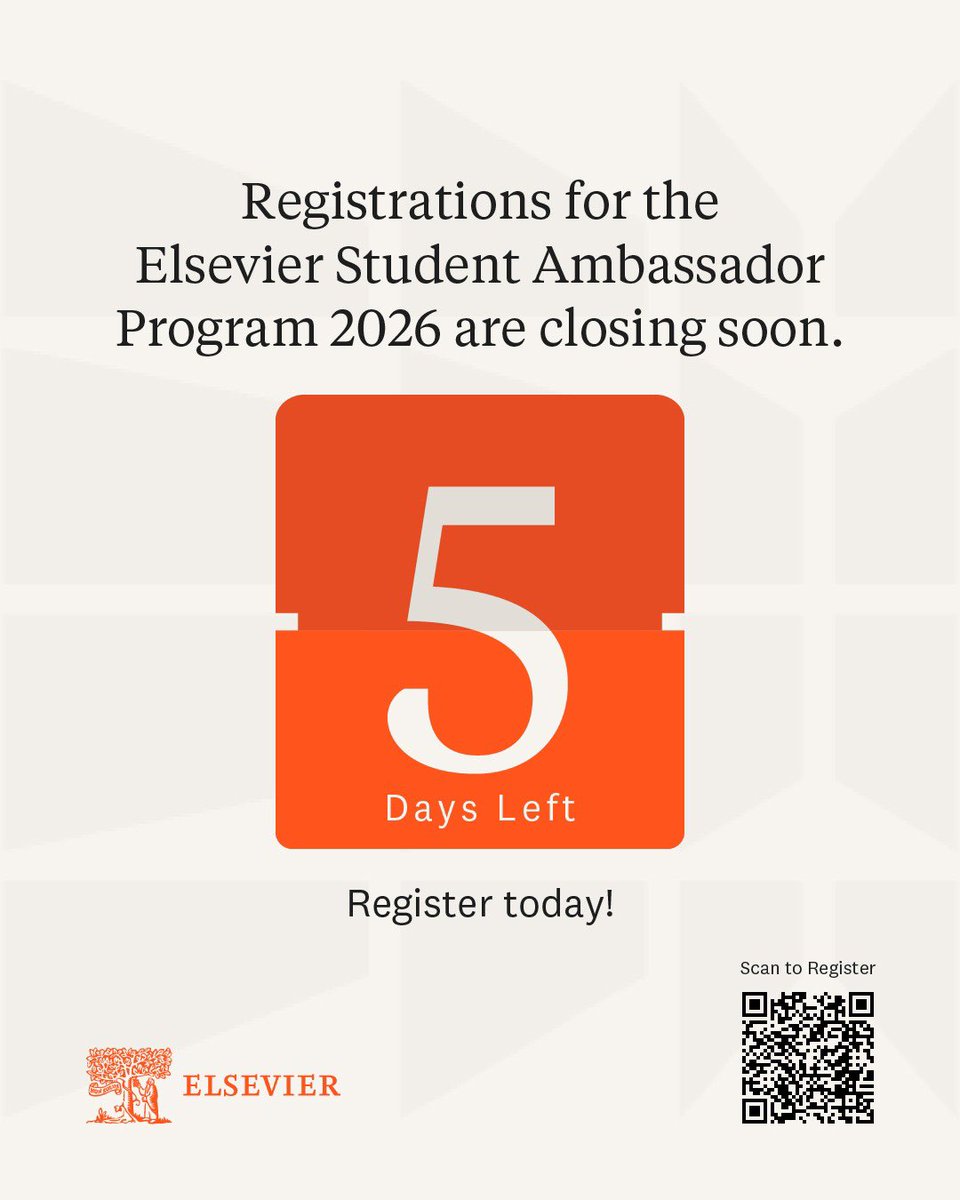 ElsevierIndia's tweet image. The countdown has begun.
Registrations for the Elsevier Student Ambassador Program 2026 are closing soon.
With just 5 days left, this is your chance to apply and be part of the program.
Register today.

#Elsevier #StudentAmbassadorProgram #LeadershipOpportunity #CampusLeaders