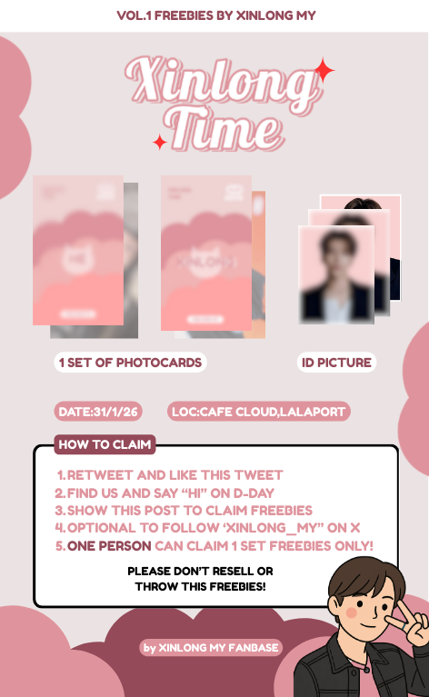 XINLONG_MY's tweet image. 𝜗ৎ Xinlong Time Freebies by @XINLONG_MY 𝜗ৎ

Hi MY Henyangz &amp;amp; Allyz we prepared some #XINLONG freebies for those who attend ALD1 Debut CSE 🏎️

★ 31 January 26(Saturday)
★ Cafe Cloud, Lalaport
★ Events by @ForMYALD1 

See ya ^^

#씬롱 #ALD1 #ALPHADRIVEONE #알파드라이브원