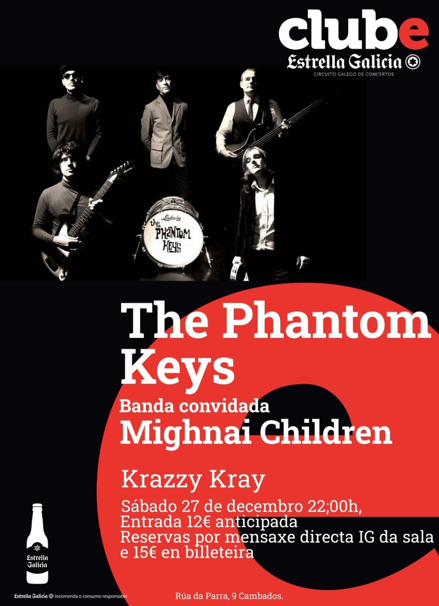 #Cambados! 
#Cambados ! Esta noite a sala Krazzy Kray acolle o penúltimo concerto de ClubE en 2025. Duas bandas e un destino: facerte gozar.
Grazas a <a href="/estrellagalicia/">Estrella Galicia</a> a música galega segue a circular polas salas do país.
<a href="/ClubturaGalicia/">Clubtura</a> <a href="/gal_concierto/">GALICIAenCONCIERTO</a>