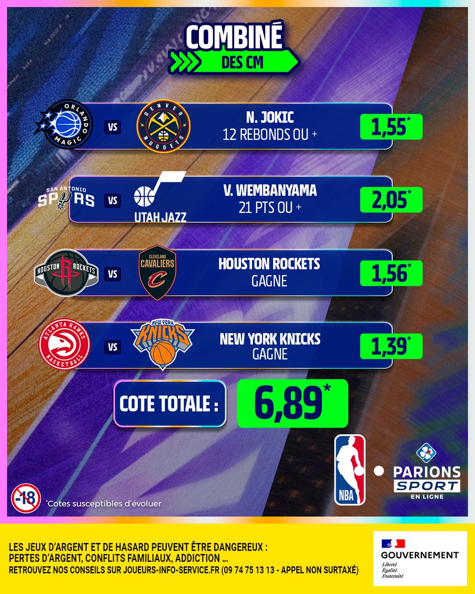 ParionsSport_EL's tweet image. 🏀🇺🇸 Le #CombiDuCM spécial NBA

🤔 Ca se tente ou pas ?!

Ça fait 3/4 ? 👉 5x20€ de Freebets
Tout bon ? 👉 10x20€ de Freebets

Pour jouer : RT + Follow
🗓️ TAS le 28/12
📃 Règlement : bit.ly/45Ljuky