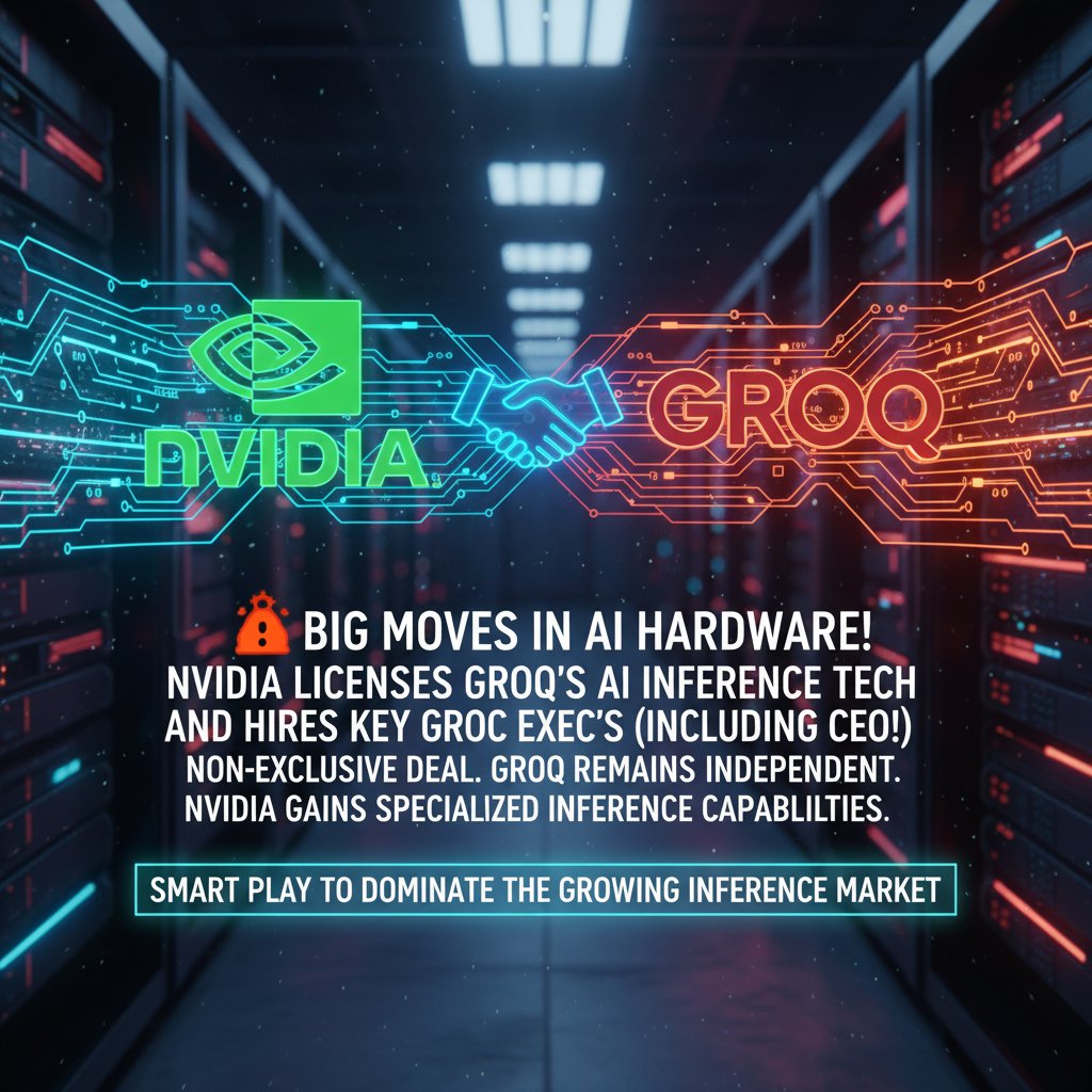 🚨 Big move in AI hardware! Nvidia licenses Groq's AI inference tech &amp; hires key Groq execs (including CEO!) in a talent &amp; tech grab. Groq stays independent. Nvidia gains specialised inference capabilities!