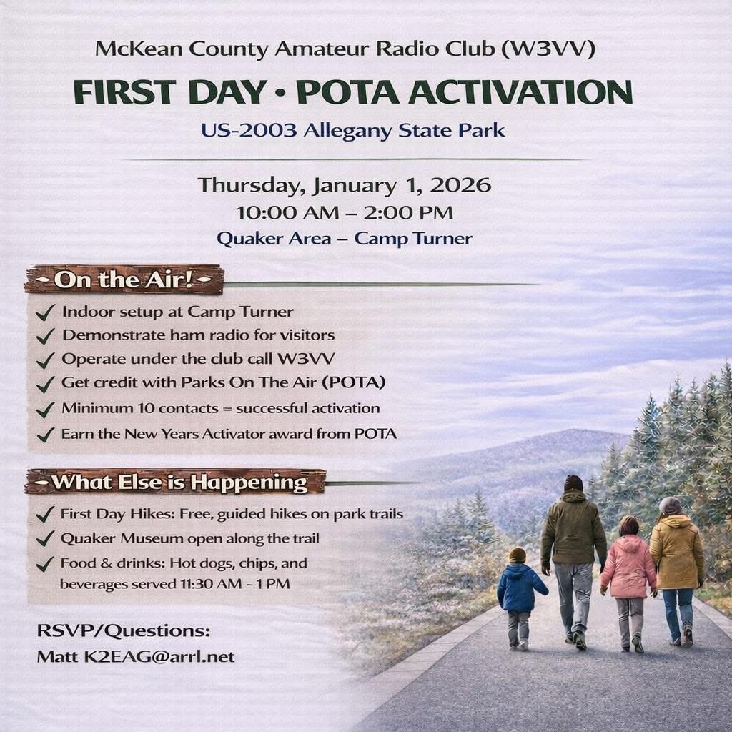 AlleganyPaul's tweet photo. Broadcasting live from the First Day Hike at Camp Turner, our friends friends from the McKean County Amateur Radio club.
Join us at our First Day POTA Activation at US-2003 Allegany State Park, January 1st at Camp Turner, 10 AM-2 PM. Our setup will begin at 9:30 AM. Camp Turner. https://t.co/W4n95BhVfO