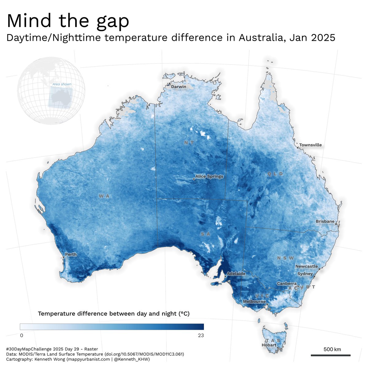Kenneth_KHW's tweet image. #30DayMapChallenge Day 29 - Raster

Daytime/Nighttime temperature difference in Australia, Jan 2025

Wanted to map something about the country after my trip last month, and land surface temperature is always a good starting point for exploring a place you don't know much about
