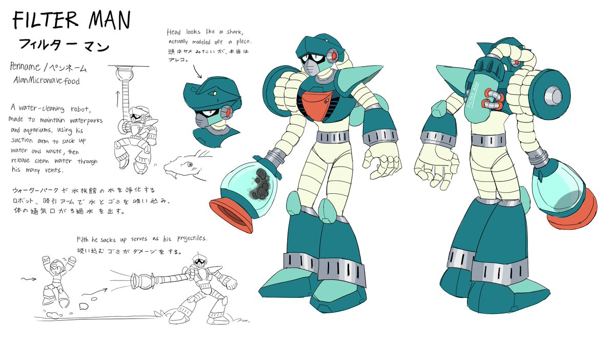 zerosgreentits's tweet image. 『ロックマン: デュアル オーバーライド』ボスキャラクターデザインコンテストの応募作品です。
ウォーターパークや水族館の水をフィルターするロボットです。
ペンネーム: AlanMicrowavefood
#ロックマンDO #ボスデザインコンテスト  #MegaManDO #DesignARobotMaster