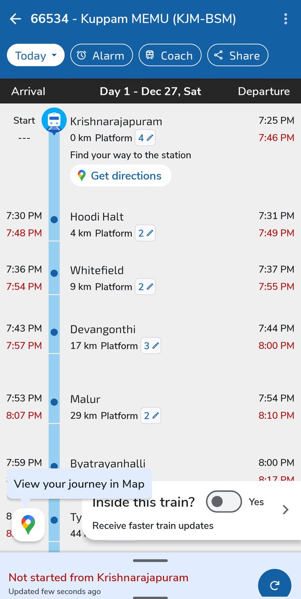 KodandaM966's tweet photo. Train No:66534
It is supposed to depart KR Puram at 7:25PM not yet came and everyday this train runs more than hour late
Useless service from @RailwaySeva
Useless and unfit DRM @drmsbc in bangalore division like useless minister @AshwiniVaishnaw
@RailMinIndia @SWRRLY @PMOIndia https://t.co/W73A3hvYxo