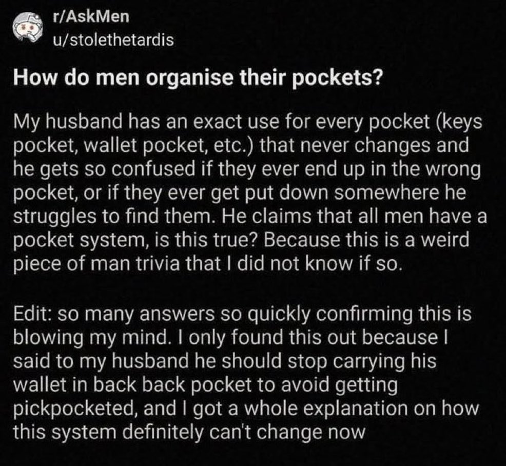 ว่ากันว่าผู้ชายทุกคนมีระบบกระเป๋ากางเกง? อันนี้ของข้าพเจ้า

.          ซ้าย    ขวา
หน้า    📱      💳 
หลัง    🧾      🍬