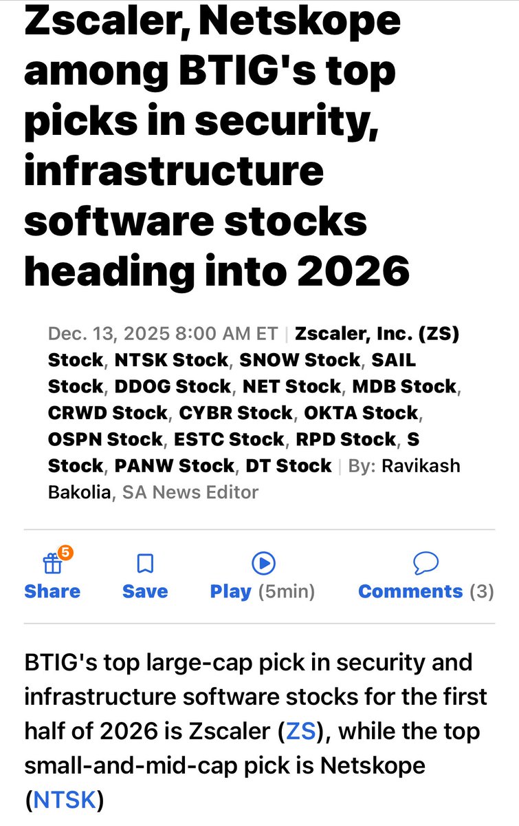 BTIG 在2026 年上半年安全與基礎設施軟體股票中的大型股首選是$ZS ，而中小型股首選是$NTSK 該公司的其他青睞名稱包括$