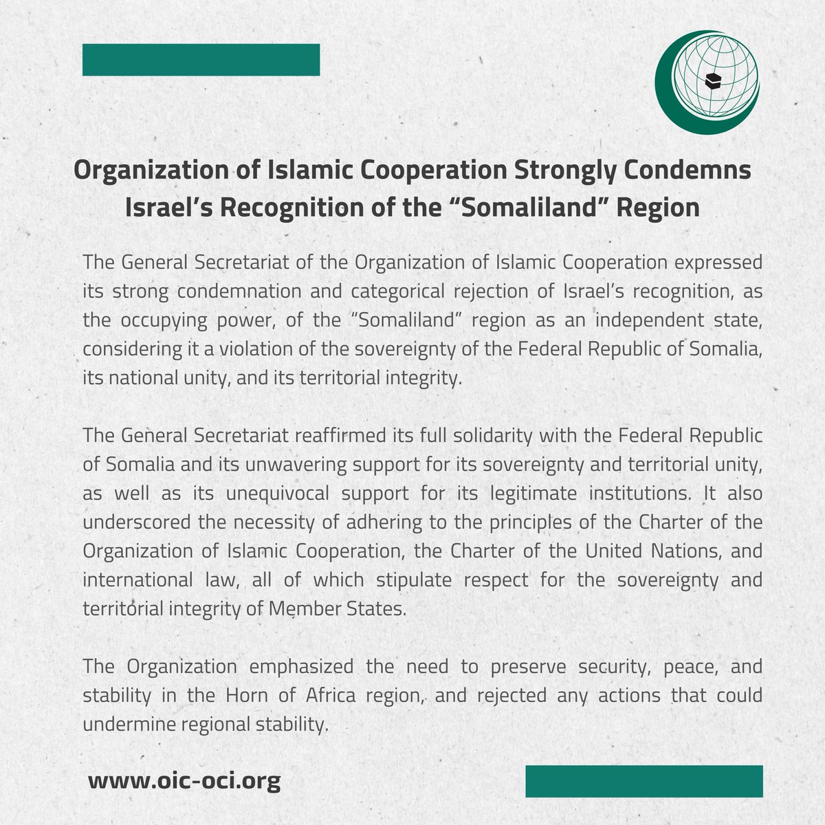 Organization of Islamic Cooperation Strongly Condemns Israel’s Recognition of the “Somaliland” Region: new.oic-oci.org/SitePages/News…