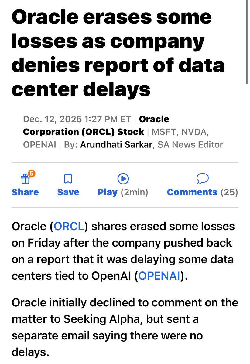 Bloomberg 早前報導， $ORCL 已將其為人工智慧模型開發商 OPENAI 開發的部分資料中心的完成日期從 2027 年推遲至 2028 年 ，延遲主要由於勞工和材料短缺。

股票在初始報導後下跌近 7%，但最近下跌約 2.5%。

$OPENAI 沒有立即回應置評要求。 

$ORCL 股票在週五抹去部分跌幅，因反駁其延遲與 OPENAI