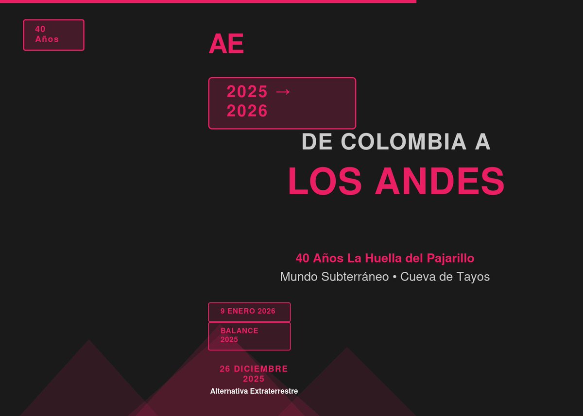 cioluz's tweet photo. Fin de Año 2025
30 días en Colombia. Balance del año. Proyectos 2026:
9 enero: 40 años La Huella del Pajarillo
Cueva de Tayos y mundo subterráneo

"De Colombia a los Andes"
📡 @alternativaextraterrestre1986

#FinDeAño2025 #LaHuellaDelPajarillo https://t.co/cyEovWgrnG