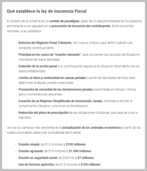 Argentina hace historia con la aprobación de la «Ley de Principio de Inocencia Fiscal» impulsada por Milei.

Ahora el contribuyente es inocente hasta que la autoridad fiscal le demuestre lo contrario.

¡Ojalá poder vivir este tipo de fascismo!