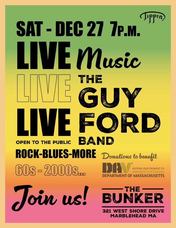 Brianscottwheel's tweet photo. Tonight, Sat 12/27 join the Guy Ford Band in the VFW Bunker to support the Disabled American Veterans of MA and give for those that gave for us. 7pm start. https://t.co/G772AgUIF0