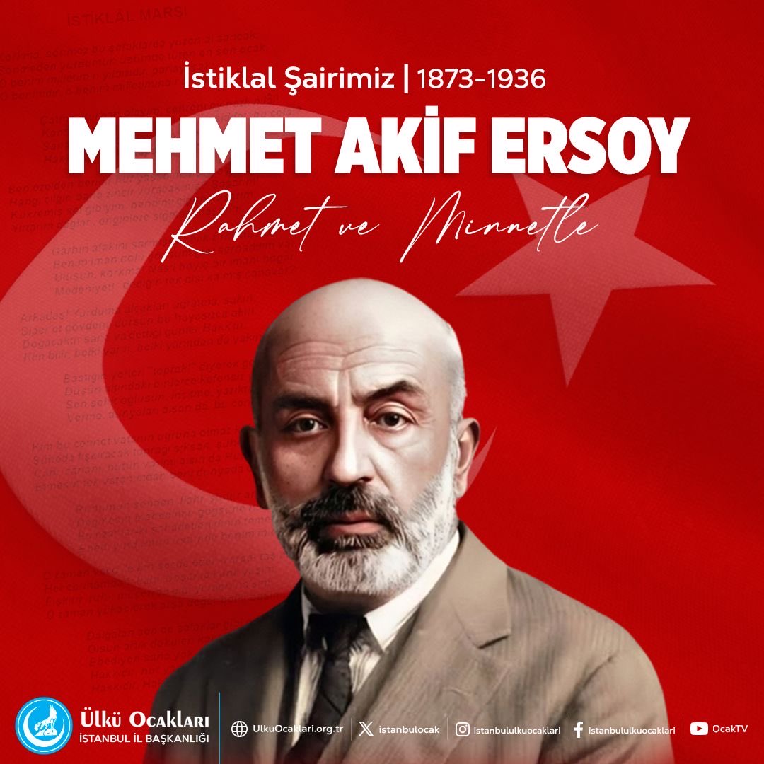Vefatının Yıl Dönümünde İstiklal Şairimiz Mehmet Akif ERSOY'u Rahmet ve Dualarla Anıyoruz.