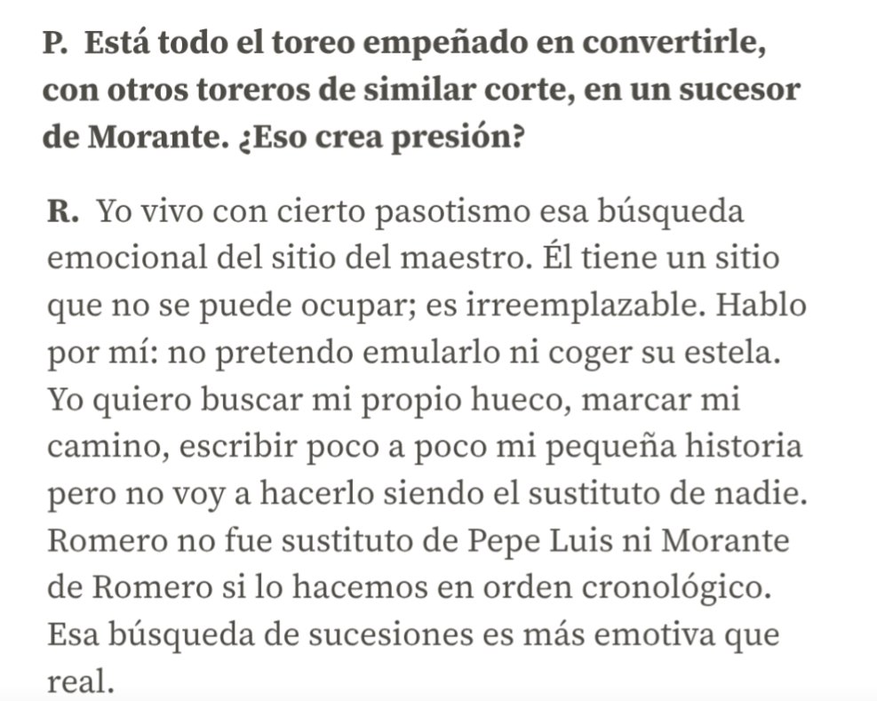 "Yo quiero buscar mi sitio, pero sin ser sustituto de nadie. Romero no fue sustituto de Pepe Luis ni Morante de Romero."

Entrevista de Pablo Aguado en <a href="/diariosevilla/">Diario de Sevilla</a> <a href="/ardelmoral/">Álvaro Rodríguez del Moral</a>