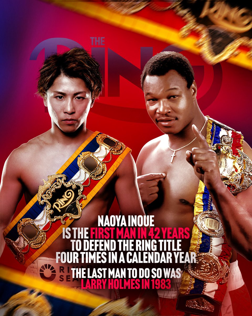 ringmagazine's tweet image. Naoya Inoue is the first man in 42 years to defend The Ring title four times in a calendar year 👹

The last man to do so was heavyweight champion Larry Holmes who made four defences in 1983 👏

The Ring V: Night of the Samurai on DAZN | @RiyadhSeason 🥊