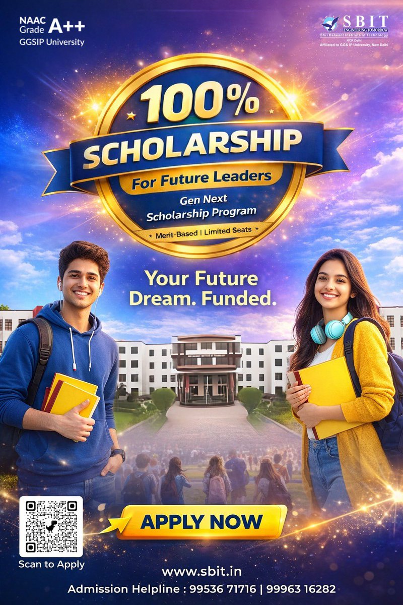 sbitsonepat's tweet photo. Dream big. Study smart.
Get up to 100% Scholarship under the Gen Next Scholarship Program at SBIT.
Merit-based | Limited seats available.
👉 Apply now.

#SBIT #GenNextScholarship #100PercentScholarship #Btech #EngineeringAdmission #CollegeAdmission #MeritBasedScholarship https://t.co/cCC979LqmM