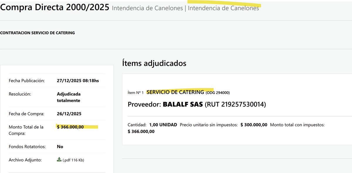 CATERING: En Canelones siguen devorando de lo lindo. $ 366.000 para SERVICIO DE COMIDA a cargo de TODOS los canarios.