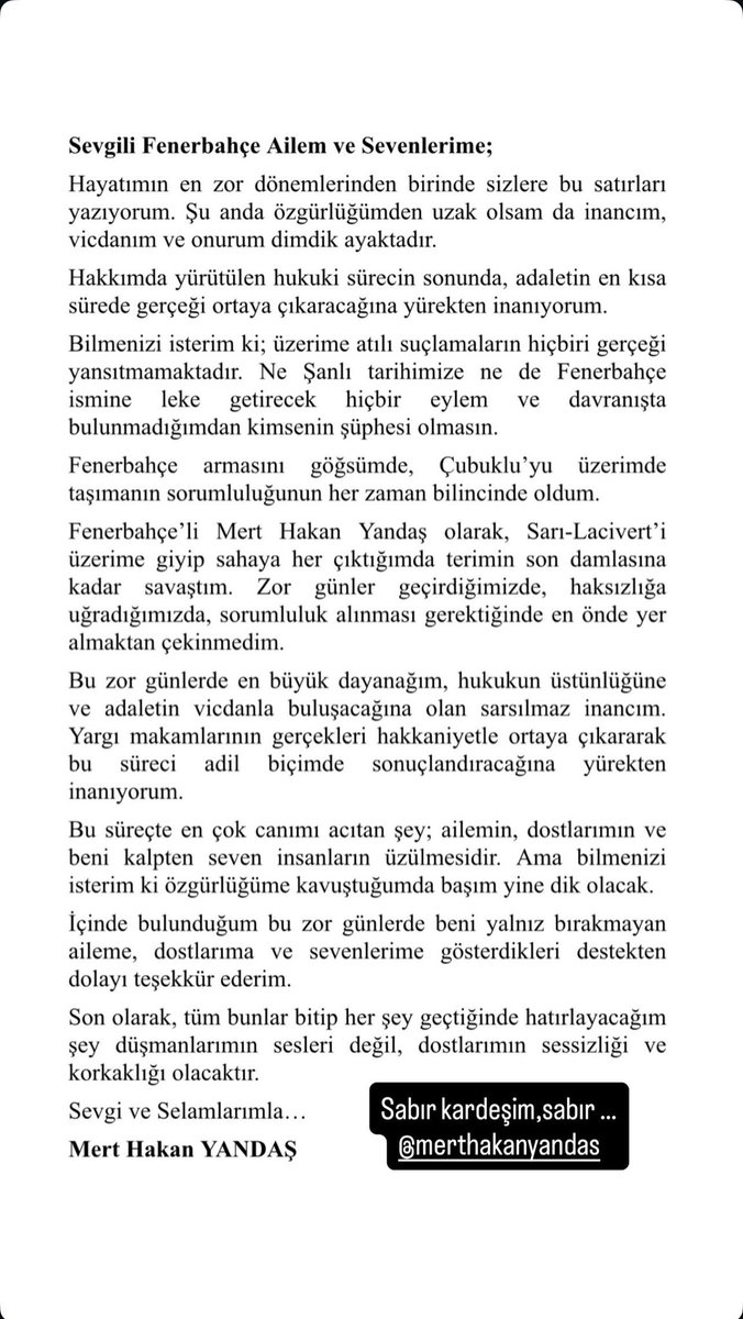 Kardeşim <a href="/MHYandas/">Mert Hakan Yandaş</a> içindekileri kağıda döktü. Sonuna kadar yanındayız ve yanında olmaya devam edeceğiz.