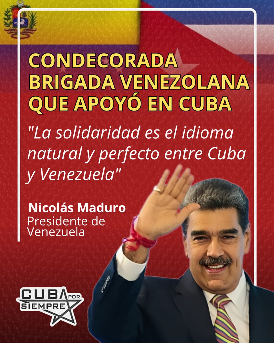 🇨🇺🇻🇪 El presidente Nicolás Maduro condecoró a la brigada venezolana que brindó apoyo técnico y humanitario en Cuba tras el paso del huracán Melissa. Los especialistas recibieron la Orden al Mérito “Antonio José de Sucre” por su labor en la recuperación.