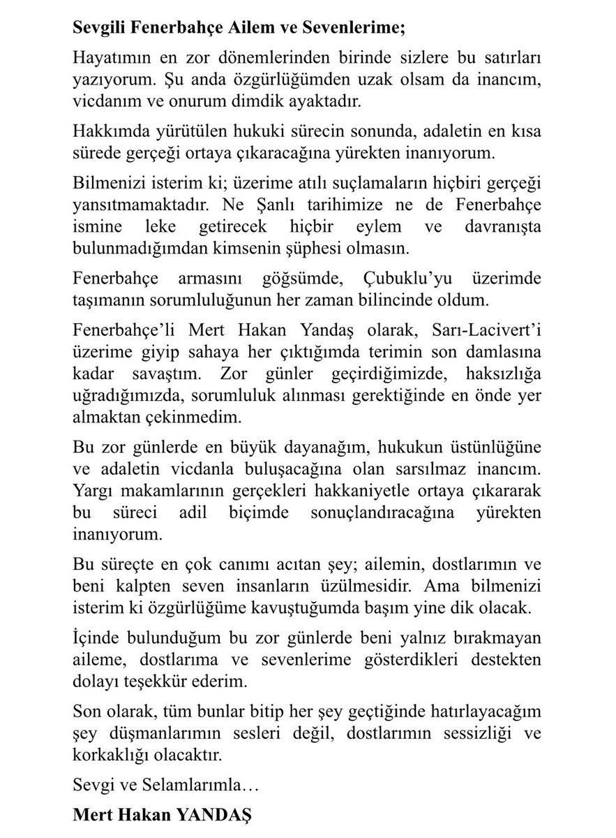 Sametcayir's tweet image. 🚨 “Her şey bittiğinde hatırlayacağım şey düşmanlarımın sesi değil, dostlarımın sessizliği ve korkaklığı olacaktır.”

Tüm suçlamaları reddeden Mert Hakan Yandaş’tan mektup 👇