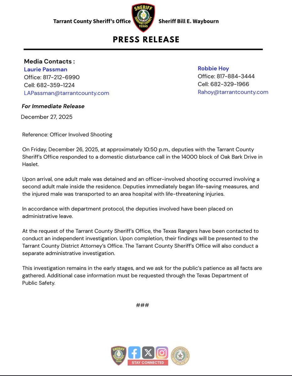 Tarrant County. Sheriff's Department Officer Involved Shooting.