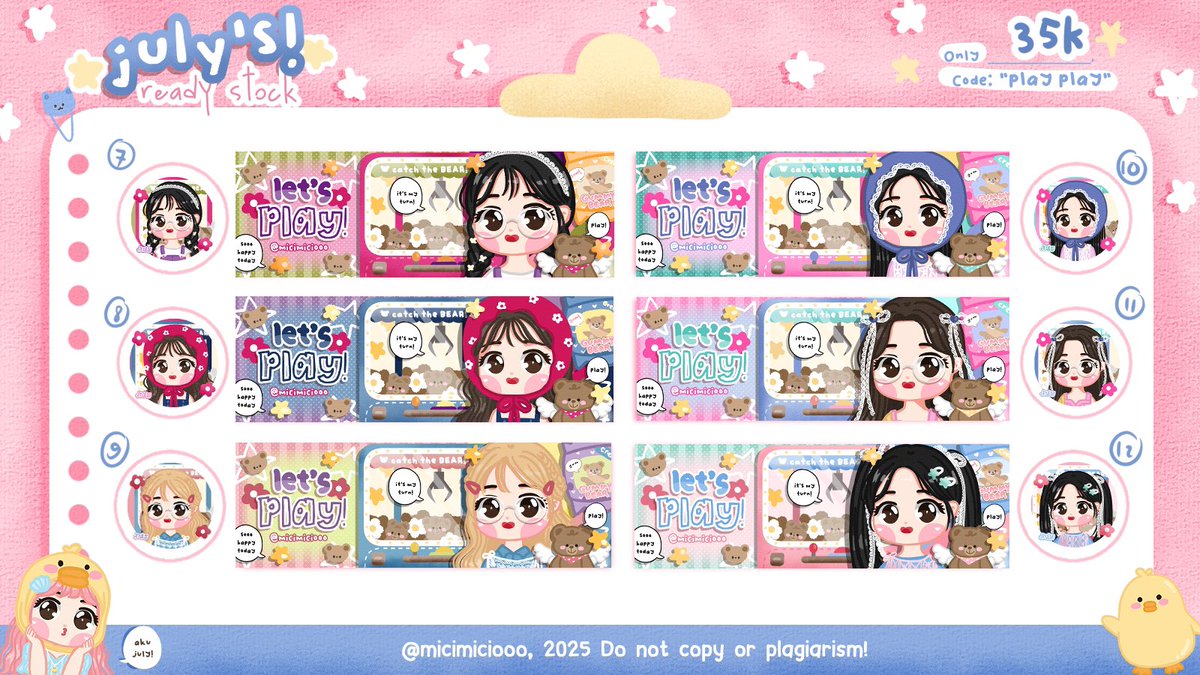 micimiciooo's tweet image. Any interactions are appreciated💖🐥

Hiiii, July membawa 18 layout READY STOCK code: “Play Play”, “Snack” dan “Notes”, fee tertera. Bisa ditake pada:

🛒  Minggu, 28 Des 2025
🌸 13.00 WIB
🌱 No max order
🍓 DM nomor leot (boleh pake cadangan)

#zonauang #zonajajan