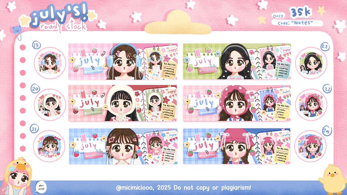 micimiciooo's tweet image. Any interactions are appreciated💖🐥

Hiiii, July membawa 18 layout READY STOCK code: “Play Play”, “Snack” dan “Notes”, fee tertera. Bisa ditake pada:

🛒  Minggu, 28 Des 2025
🌸 13.00 WIB
🌱 No max order
🍓 DM nomor leot (boleh pake cadangan)

#zonauang #zonajajan