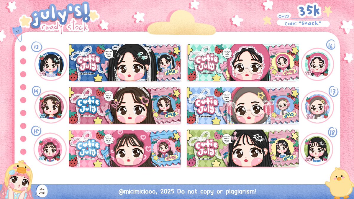 micimiciooo's tweet image. Any interactions are appreciated💖🐥

Hiiii, July membawa 18 layout READY STOCK code: “Play Play”, “Snack” dan “Notes”, fee tertera. Bisa ditake pada:

🛒  Minggu, 28 Des 2025
🌸 13.00 WIB
🌱 No max order
🍓 DM nomor leot (boleh pake cadangan)

#zonauang #zonajajan