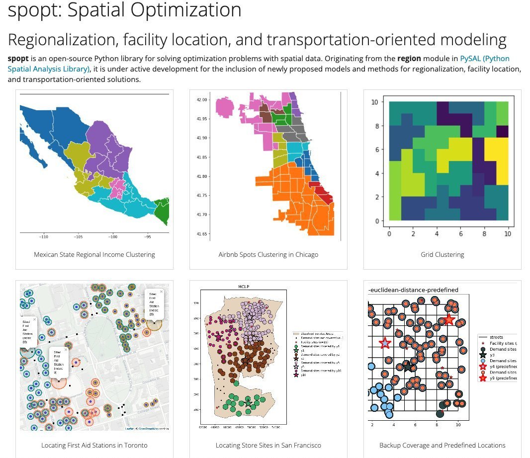 My favorite #Python package to use is spopt, a library for spatial optimization.  

It helps you with:   

📊 Facility location planning; 
📊 Sales territory design;  
📊 Maximizing market share;   

And much more!  Check it out here:

pysal.org/spopt/
