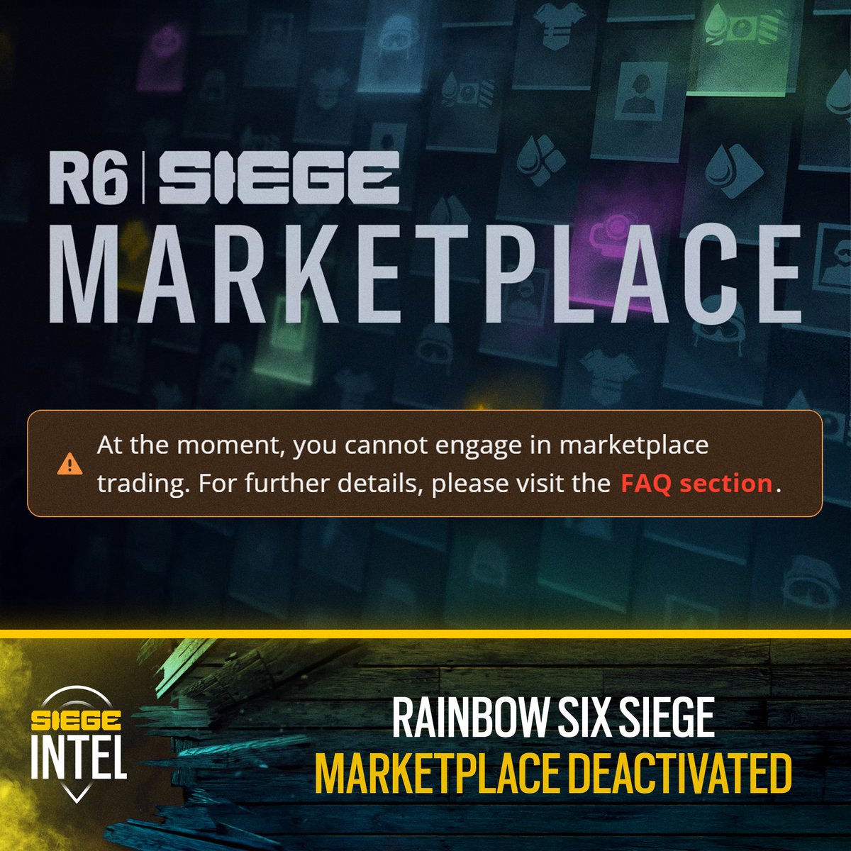 Following the attack on the Rainbow Six Siege servers, the entire MARKETPLACE has been DEACTIVATED ⚠️

It'll most likely be available again once the issues have been fixed and trades have been reversed ✅