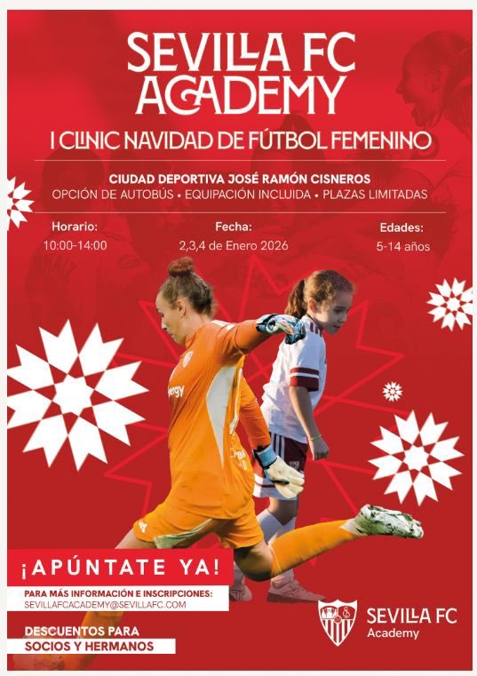 ℹ️ Superadas las 50 inscripciones para la I edición del Clinic de Navidad ‘Sevilla FC Women’s Academy’. ⚽️🤍❤️

 Plazas limitadas. ¡Apúntate! ➡️ sevillafc.es/actualidad/not…

#SevillaFCFem #WeareSevilla