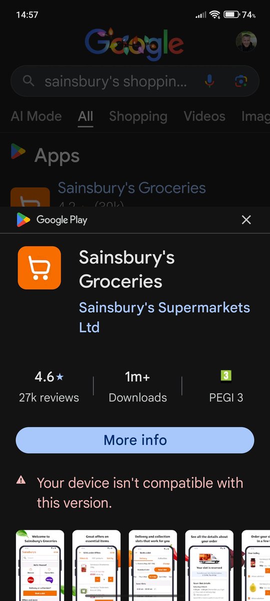 App not supported on my new phone? <a href="/sainsburys/">Sainsbury's</a> 
Any ideas?