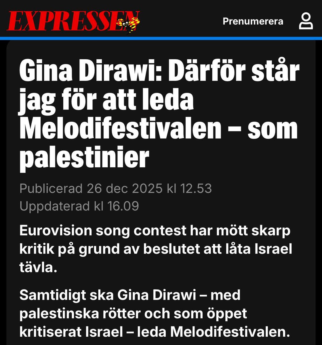 SVt-profilen Gina Dirawi är utsedd till värd för Melodifestivalen 2026.
Samtidigt anklagar hon Israel för folkmord.
Därför är frågan rimlig:
Anser hon att Israel har rätt att existera som en stat för det judiska folket – ja eller nej?