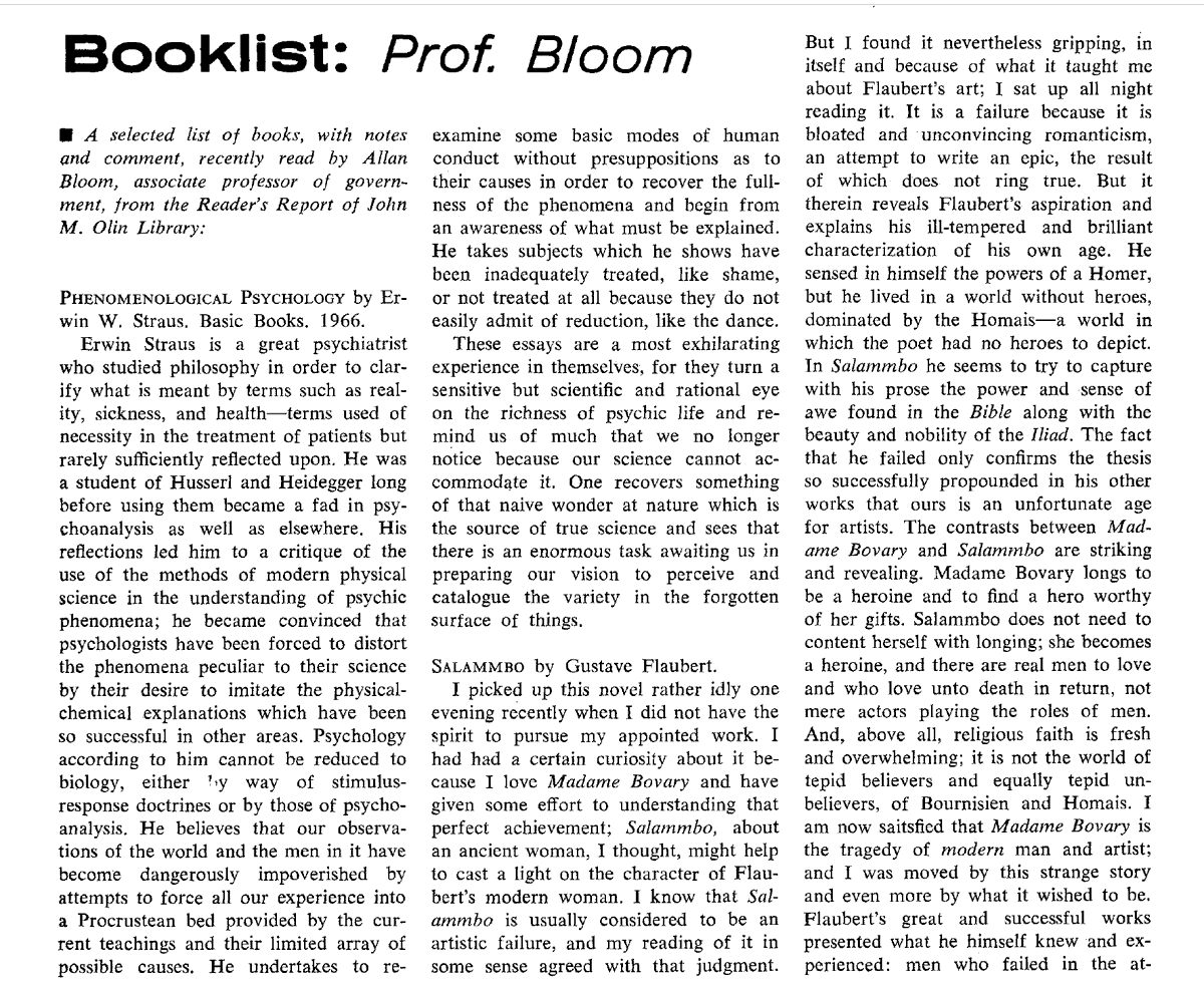 ls_foundation's tweet image. Allan Bloom comments on books he had recently read (Cornell Alumni News, 1970): Erwin Straus, Flaubert's Salammbo, G Himmelfarb's Victorian Minds, Strauss's Liberalism Ancient &amp;amp; Modern, and vol. 1 of Kojève's history of pagan philosophy