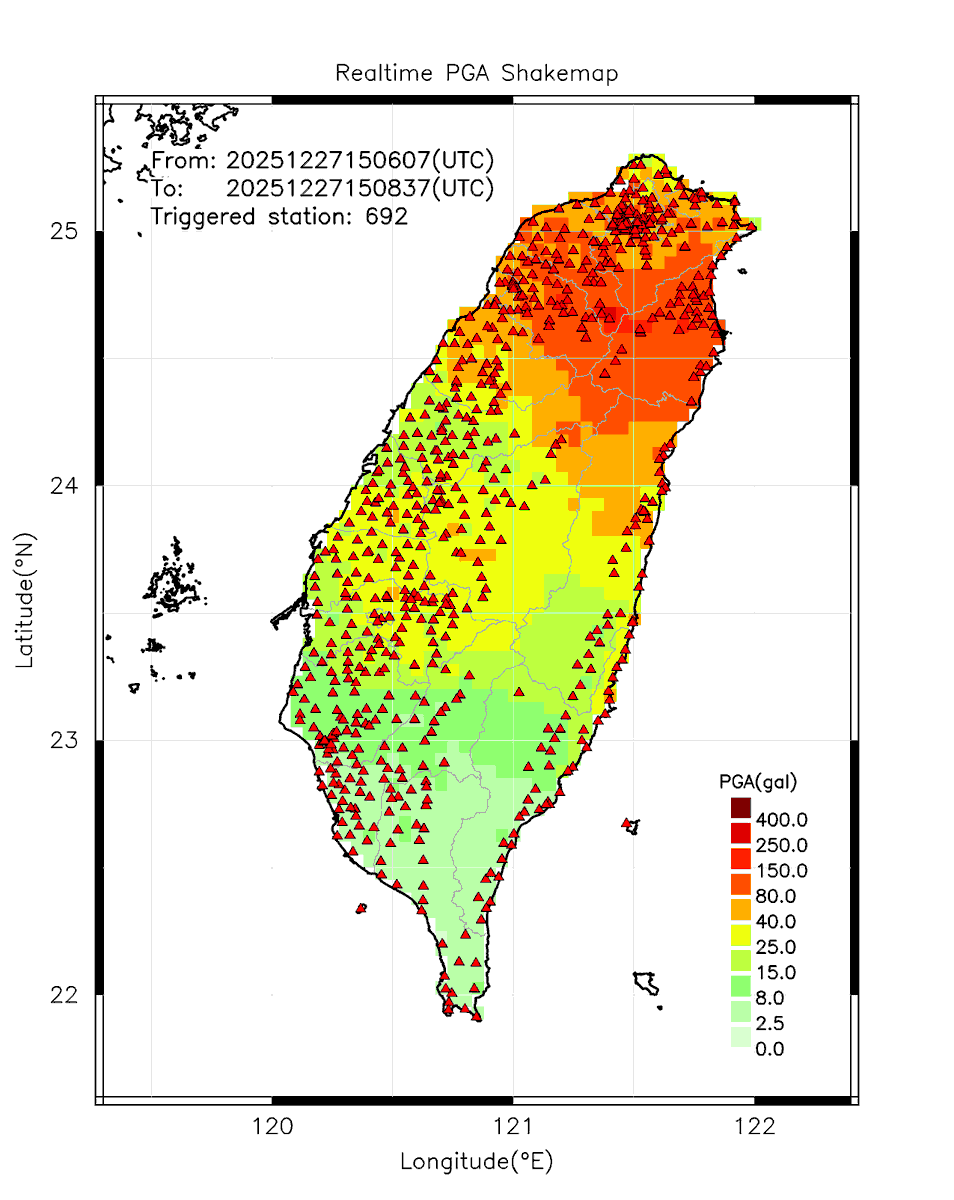 eew_p's tweet photo. Automatically Plotted Shakemaps:
* 2025-12-27 23:08:37 (UTC+08:00, Taipei)
* Evt. 20251227230607, 2.5m30s after trig.
* Total 692 triggered stations

Note: These shakemaps are not yet confirmed, for reference only!
#地震 #台灣 #earthquake #Taiwan https://t.co/lM4gEKHnJY