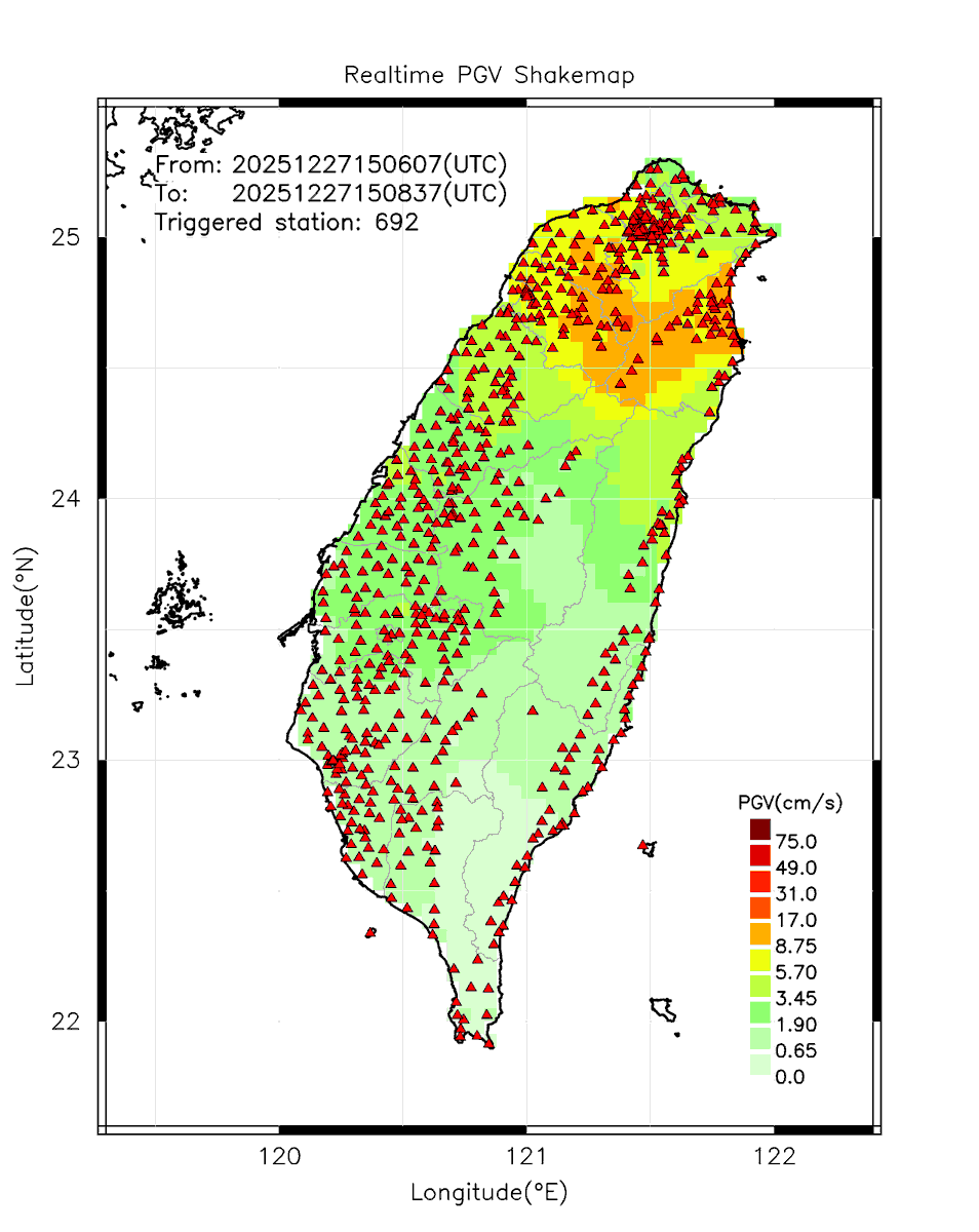 eew_p's tweet photo. Automatically Plotted Shakemaps:
* 2025-12-27 23:08:37 (UTC+08:00, Taipei)
* Evt. 20251227230607, 2.5m30s after trig.
* Total 692 triggered stations

Note: These shakemaps are not yet confirmed, for reference only!
#地震 #台灣 #earthquake #Taiwan https://t.co/lM4gEKHnJY