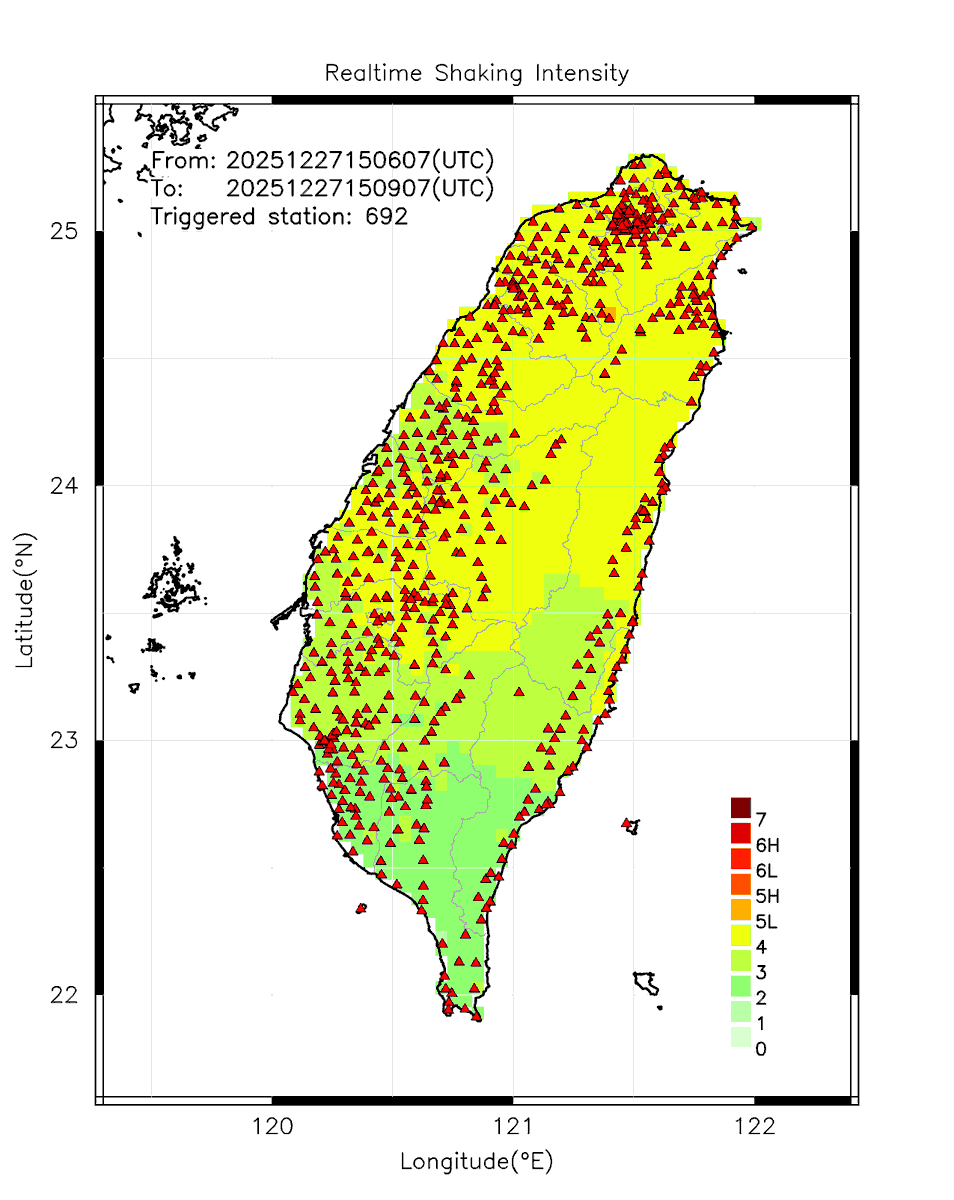 eew_p's tweet photo. Automatically Plotted Shakemaps:
* 2025-12-27 23:09:07 (UTC+08:00, Taipei)
* Evt. 20251227230607, 3.0m0s after trig.
* Total 692 triggered stations

Note: These shakemaps are not yet confirmed, for reference only!
#地震 #台灣 #earthquake #Taiwan https://t.co/OiHK5SHVzL