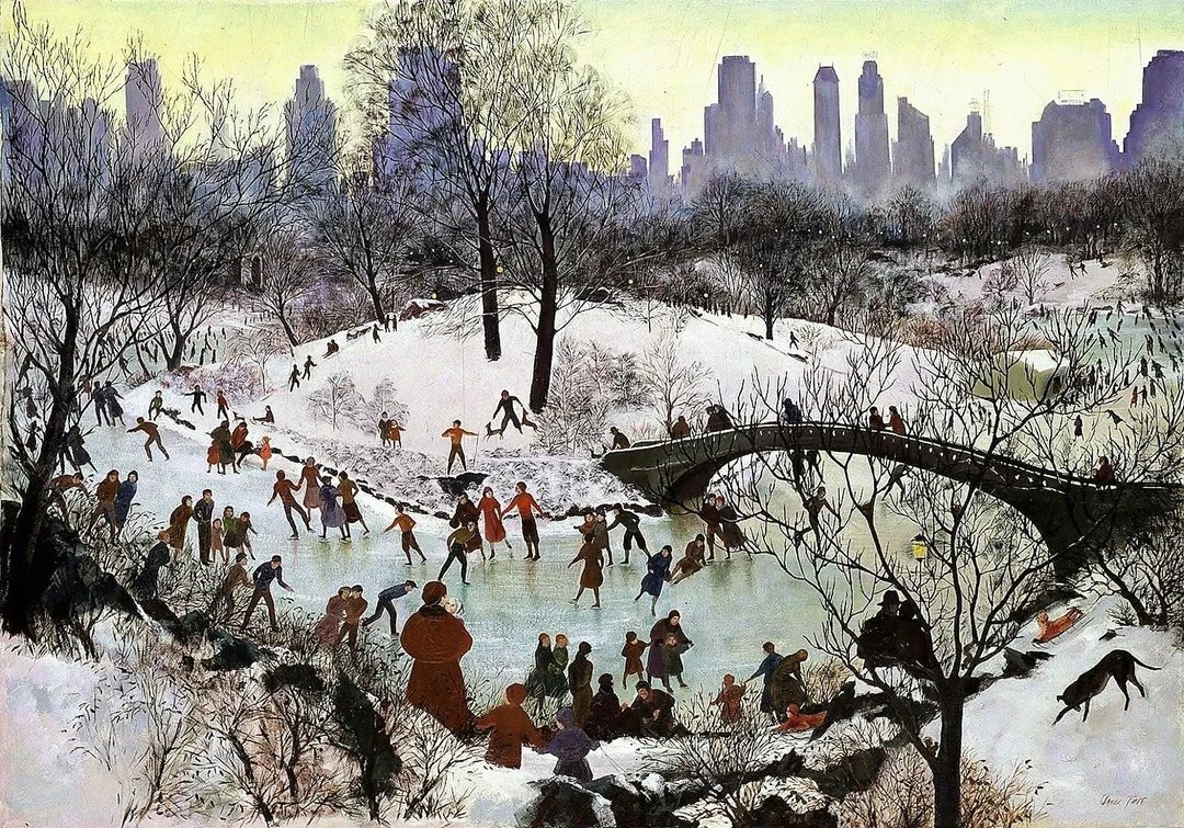 "Skating in Central Park in New York City," by American painter, Agnes Tait, 1934.