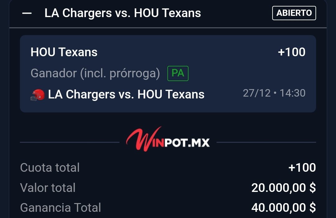 ChapitoApuestas's tweet image. 🚨| Les comparto esta Apuesta Chingones.

#NFL
- Texans ML [+100]
#HTownMade

Hemos Ganado las últimas Apuestas que les he compartido por acá ✅️💎 !!

Vamos por una más 👊 !!

¿Me Sigues? Deja ❤️ de la buena vibraaaa Caraaaajooo  !!!