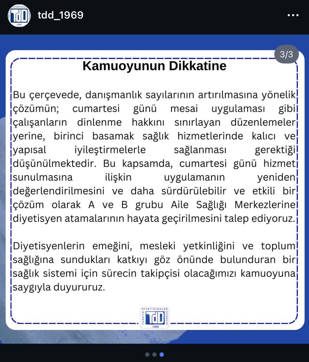 Mevcut tabloyu yalnızca tarif etmekle kalmayıp, çözümün yönünü de işaret eden bu açıklama için teşekkür ederiz. <a href="/TDD_Dyt_Der/">Türkiye Diyetisyenler Derneği</a> 

Yıllardır süregelen mevcut durum, geçici adımlarla ertelenmiş; ancak bu süreçte eski düzenin artık ihtiyacı karşılamadığı da açıkça ortaya çıkmıştır.