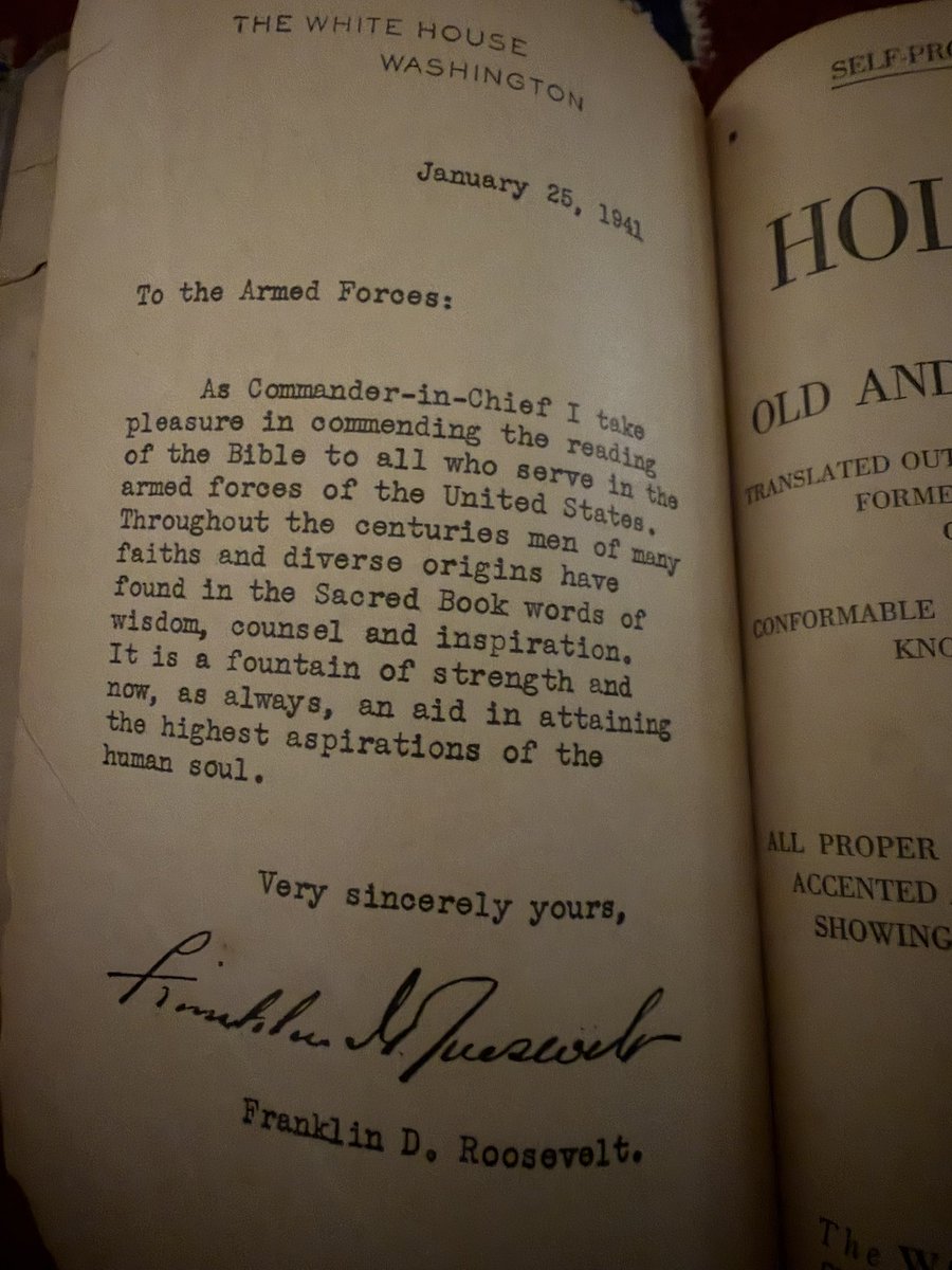 The first page of the Bible FDR sent to every member of the armed forces right before WWII.

Many Big Think reporters are historically illiterate.