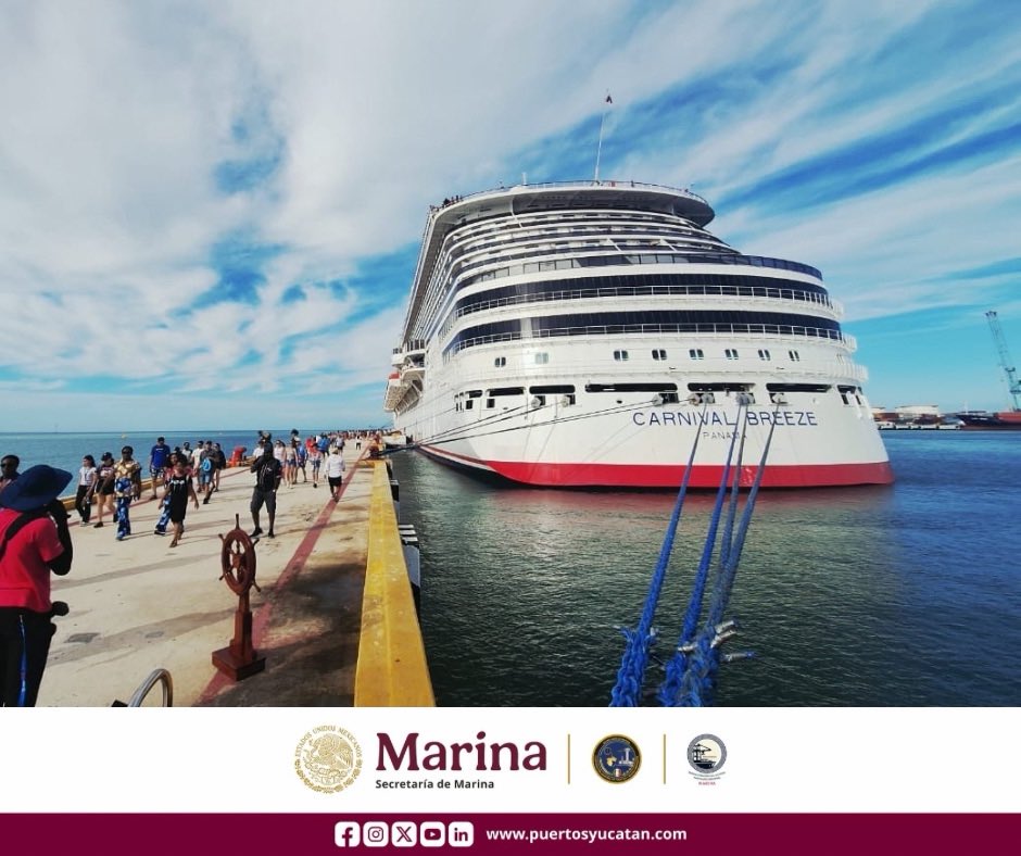 Sábado con arribo de #Crucero en #PuertoProgreso, con el atraque del Carnival Breeze a las 08:50 h, procedente de Cozumel, Quintana Roo, viajan a bordo 6,098 visitantes: 4,725 pasajeros y 1,373 tripulantes; con programación de zarpe a las 17:00 h, con destino a Galveston.