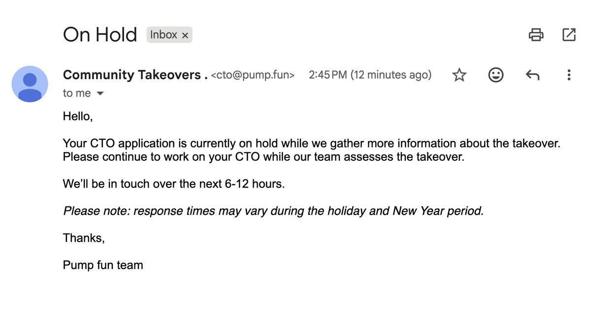 The CTO application was submitted to @Pumpfun. It occurred at 2:45pm EST.  We just hit the 6 hour mark so the creator rewards transition to the CTO  should be happening any minute